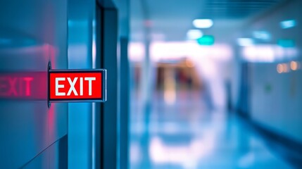 Open door with exit sign, symbolizing the freedom and opportunity to leave behind the past and embrace new beginnings, encouraging a sense of liberation and forward movement.