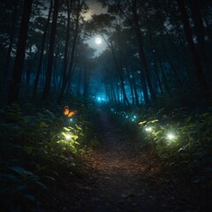 Obraz premium A glowing butterfly leading travelers along a path in a moonlit forest.