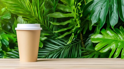 Refreshing coffee cup surrounded by lush green plants nature close-up