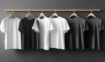 A display of neatly hung t-shirts in various colors, showcasing simplicity and style for casual wear.
