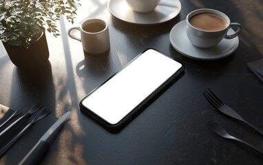 Smartphone with blank screen on cafe table with coffee cups and cutlery.
