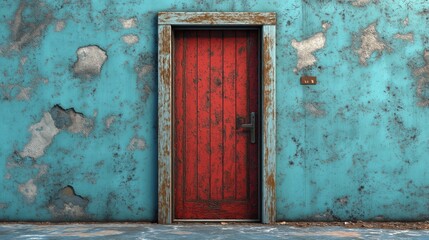 Rusty red door on weathered blue wall. Old building exterior with grunge texture. Weathered wooden door frame. Peeling paint on wall. Industrial design. Vintage style. Forgotten abandoned place. Aged
