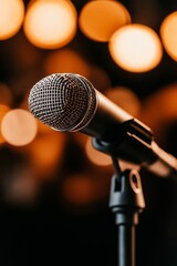 Obraz premium A close-up of a microphone on a stand with warm, glowing stage lights in the background, creating a professional and inviting atmosphere