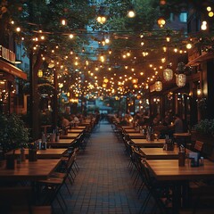 A cozy outdoor dining area illuminated by string lights, creating a warm atmosphere for guests to enjoy their meals.