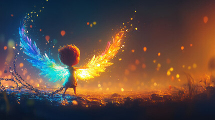 Bully, A small figure with glowing pastel wings, symbolizing elegance and fantasy, featured in a high-fidelity image for artistic use.