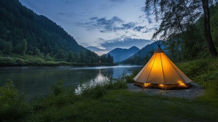 Serene Campsite by the River at Twilight with Illuminated Tent Surrounded by Majestic Mountains and Lush Greenery Under a Calm Evening Sky
