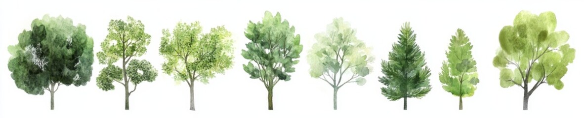 Watercolor painting of eight different types of trees isolated on white background.