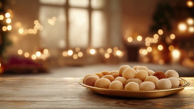 Traditional Indian sweets like laddoos, barfi arranged beautifully in brass thali on decorated wooden table. Festive lights, garlands create warm, celebratory atmosphere in background. Image perfect