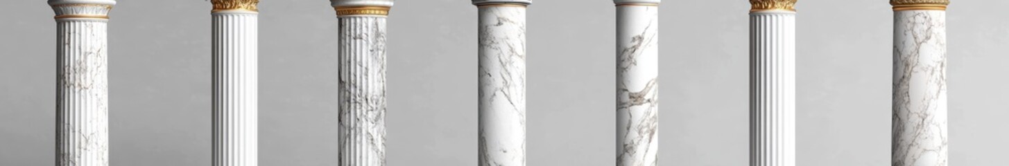 Seven marble columns with gold capitals against a gray background.