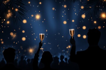 A stylized illustration of people raising champagne glasses under a night sky with glowing lights and festive ambiance