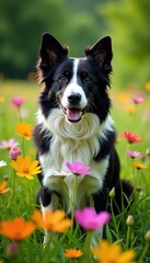 Fototapeta premium Border Collie surrounded by vibrant wildflowers in a lush green meadow, meadow, outdoor