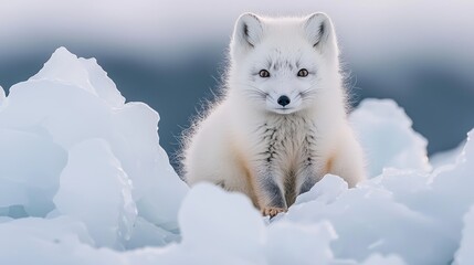 Obraz premium A fluffy Arctic fox sits on a snowy landscape, showcasing its white fur against a backdrop of ice and cold, evoking the beauty of winter wildlife.