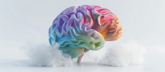 3D render of a colorful brain with transparent fog, set on a white background, high-resolution.
