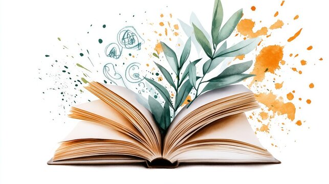 An open book with vibrant leaves sprouting from its pages, surrounded by colorful splashes and whimsical sketches, symbolizing growth, creativity, and knowledge