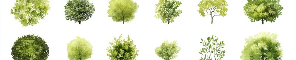 Obraz premium Collection of various green trees and shrubs, isolated on white background.