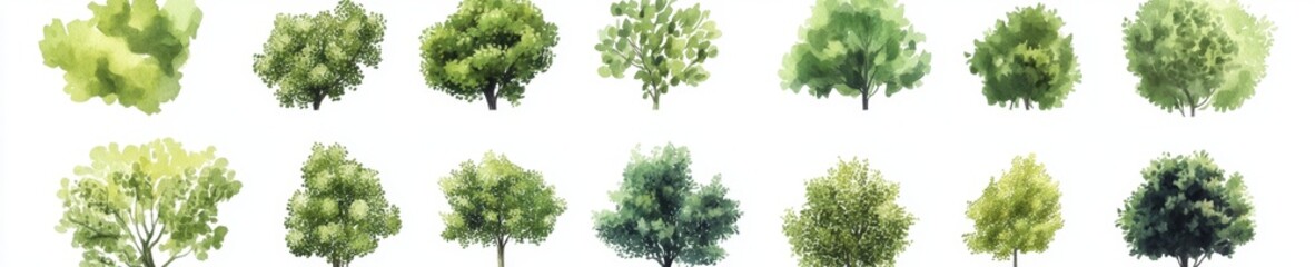Obraz premium Collection of watercolor-style treetop views, isolated on white.