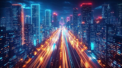 Fototapeta premium Futuristic cityscape at night. High-rise buildings with neon lights illuminate busy highway. Fast-moving traffic creates streaks of light. Urban innovation, advanced infrastructure evident. Panoramic
