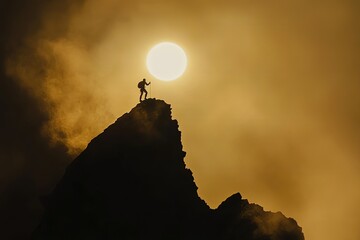 A heroic scene of a climber offering a hand to their companion while perched on a mountain ridge, silhouetted by the sun.