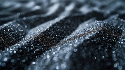 A close-up view of shimmering black sand with soft wave-like patterns and sparkling highlights.