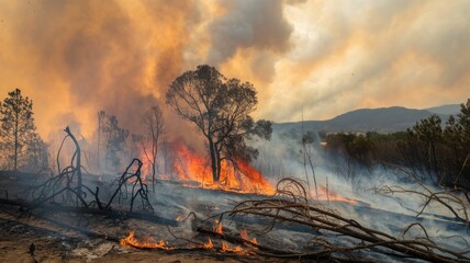 Fototapeta premium Intense Wildfire Consuming a Forest with Flames and Smoke in a Natural Landscape
