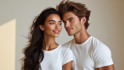 Obraz premium A couple shares a tender moment, gazing into each other's eyes, with soft light highlighting their features. They wear matching white t-shirts, emanating warmth and joy.