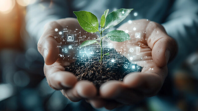Ai-generated businesspersons nurturing a green future digital environment growth concept nature focus