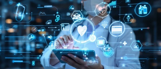 Health care and medical technology services concept. Medical worker using data virtual with health care icons,medical technology background,health insurance business.Health Insurance, telemedicine