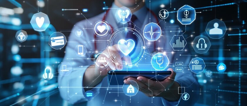 Health care and medical technology services concept. Medical worker using data virtual with health care icons,medical technology background,health insurance business.Health Insurance, telemedicine