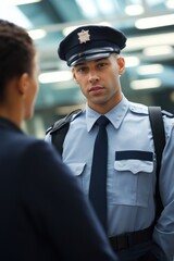 Fototapeta premium Customs officer engages with travelers during border checks to ensure safety and compliance