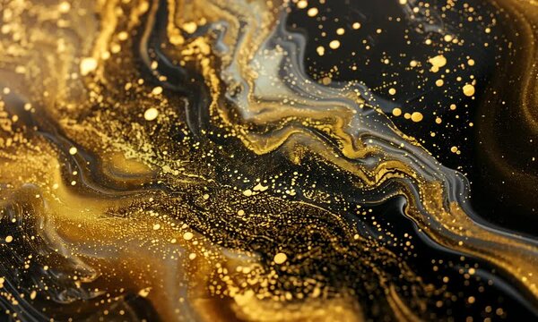 Abstract golden swirls with glitter on black background