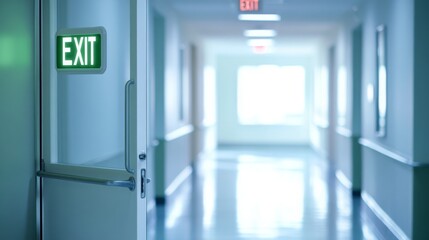 Open door with exit sign, symbolizing the freedom and opportunity to leave behind the past and embrace new beginnings, encouraging a sense of liberation and forward movement.