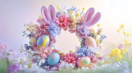 A vibrant Easter wreath made of pastel flowers, bunny ears, and painted eggs, set against a soft spring backdrop.