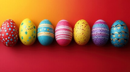 A colorful arrangement of decorated Easter eggs against a vibrant background.
