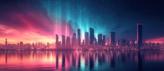 Fototapeta premium Breathtaking panoramic view of a futuristic and modern city skyline with towering skyscrapers and glowing neon lights reflected in the tranquil water of a river or lake