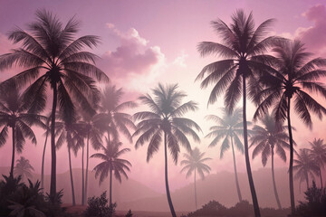 Fototapeta premium Sunset over tropical palm trees against a pink sky