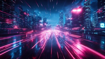 Futuristic neon lit city with blurred motion on roads and skyscrapers under a night sky  Digital of a modern high tech and vibrant urban landscape with colorful lighting traffic