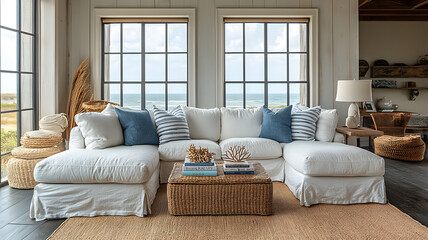 Fototapeta premium Beautiful Seaside Living Room with Stunning Ocean Views