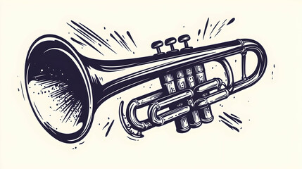 Hand-drawn trumpet illustration, dynamic design, white background, music poster, jazz