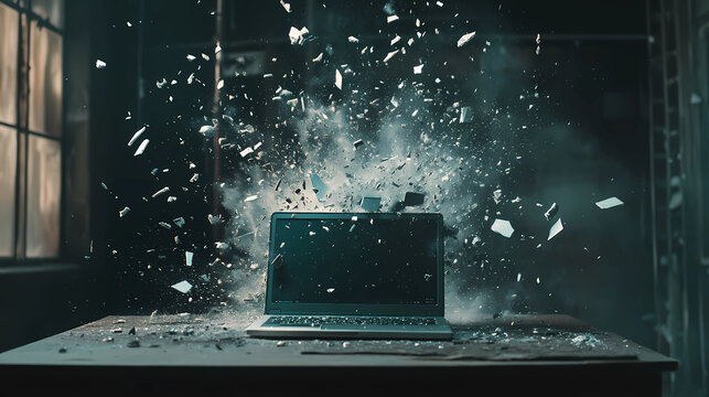 Exploding laptop with shattered glass and debris flying in a dramatic dark setting