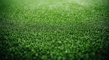 Fototapeta premium Beautiful green grass background. Close-up of an artificial football field with a fresh, short grass texture. Sports stadium, blurred background.