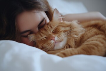 Young Female with Adorable Feline companion Resting on Bed, Cozy and Peaceful Home Environment
