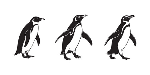 Silhouette of three penguins walking in a row, black and white illustration of penguins in motion, side profile view, wildlife art