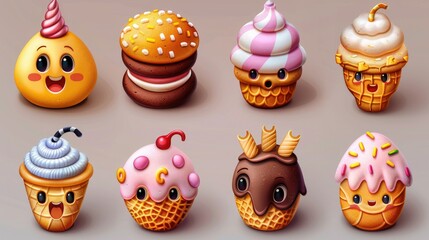 A colorful assortment of cute, cartoon-style ice cream and dessert treats.