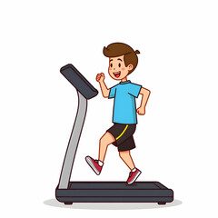 Fototapeta premium Cute Boy Running On Treadmill Cartoon Vector Icon Illustration People Sport Icon Concept Isolated