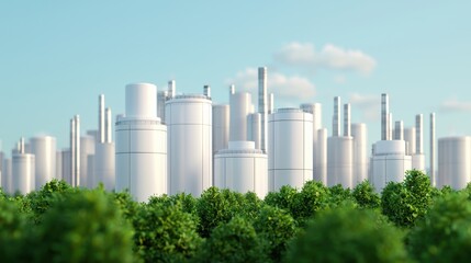 Obraz premium A modern industrial skyline with white structures set against a backdrop of green trees and a clear blue sky.