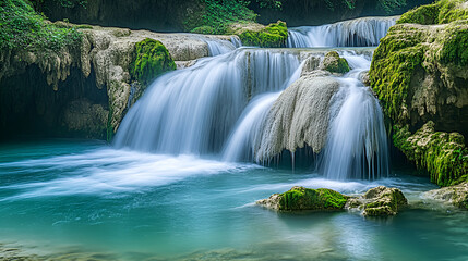 Fototapeta premium Magnificent Mountain Waterfall Flowing River Natural Landscape River Wallpaper 