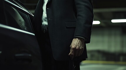 Naklejka premium Unrecognizable businessman opens car door while standing in garage. The picture is cropped, so only the man's torso and the car door are visible. 