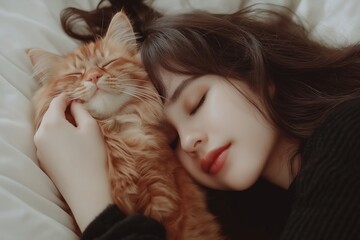 Young Female with Adorable Feline companion Resting on Bed, Cozy and Peaceful Home Environment