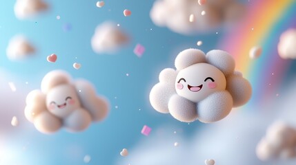 Fluffy 3D Clouds with Smiling Faces Floating in a Dreamy Sky