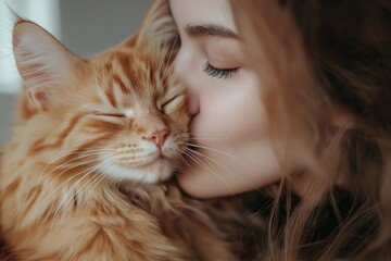 Young Female with Adorable Feline companion Resting on Bed, Cozy and Peaceful Home Environment